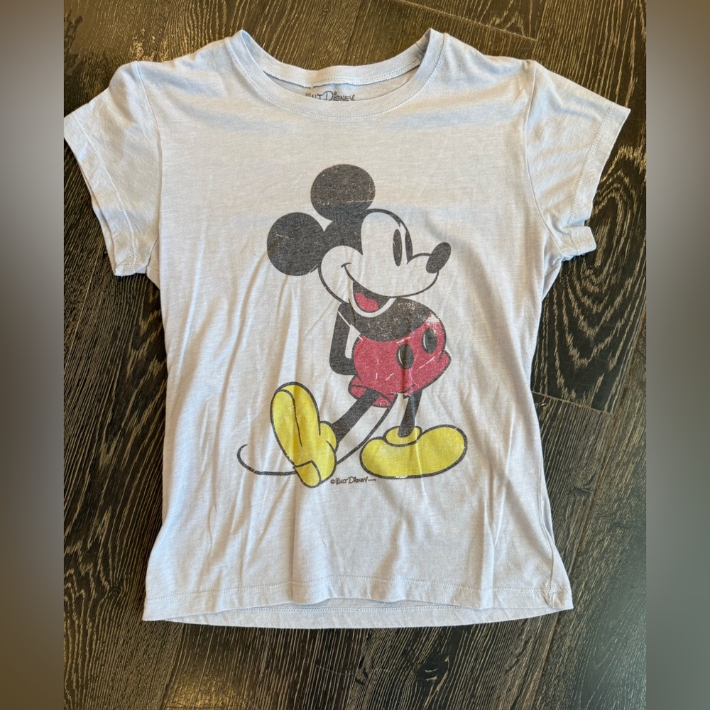Disney Light Blue Tee with Classic Mickey Graphic in Red and Yellow